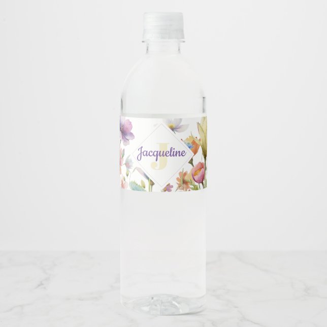 Monogram Colorful Wild Flower Illustrated Water Bottle Label (Front)