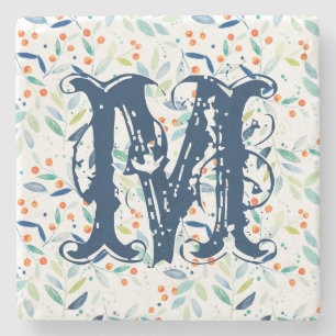 Monogram Colourful Botanical Watercolor Leafs Stone Coaster