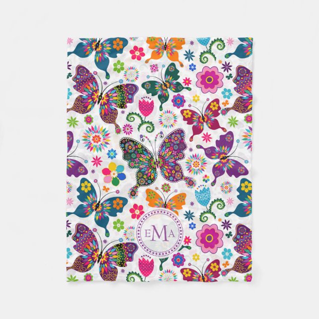 Monogram Colourful Butterflies & Flowers Pattern Fleece Blanket (Front)
