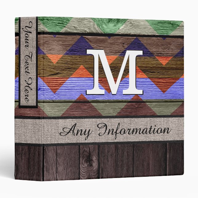 Monogram Colourful Chevron Pattern Look Wood #4 Binder (Front/Spine)