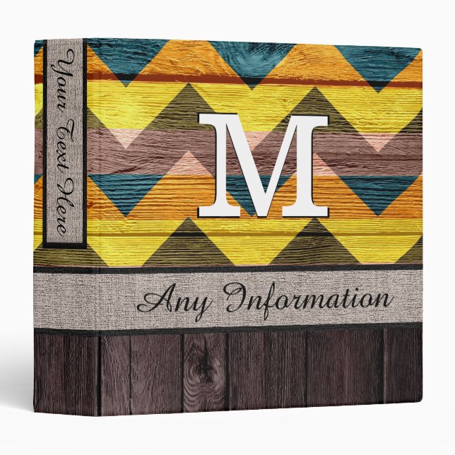 Monogram Colourful Chevron Pattern Look Wood #5 Binder (Front/Spine)