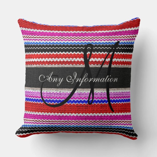 Monogram Colourful Chevron Stripes Burlap Rustic Throw Pillow (Front)