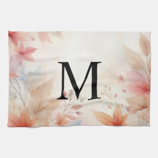 Monogram Colourful Fall leaves watercolor pastels Kitchen Towel
