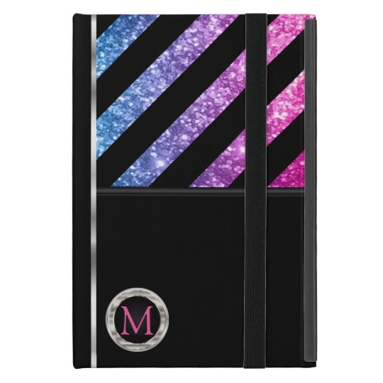 Monogram - Colourful Faux Glitter & Black Stripes Cover For iPad Mini