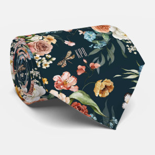Monogram Colourful Floral Pattern on Oxford Blue Tie