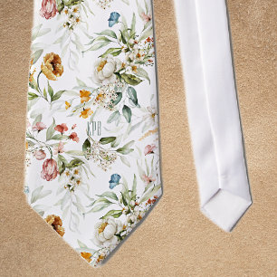 Monogram Colourful Floral Pattern on White Neck Ti Tie