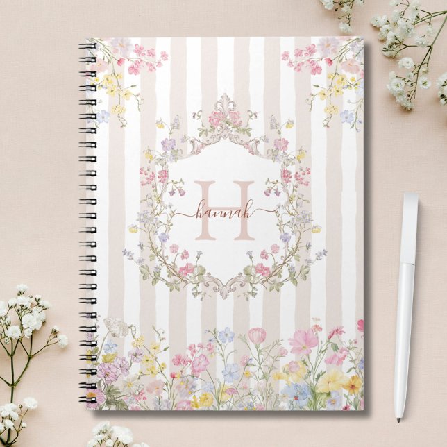 Monogram Colourful Floral Rococo Art Stripes Notebook (In situ)