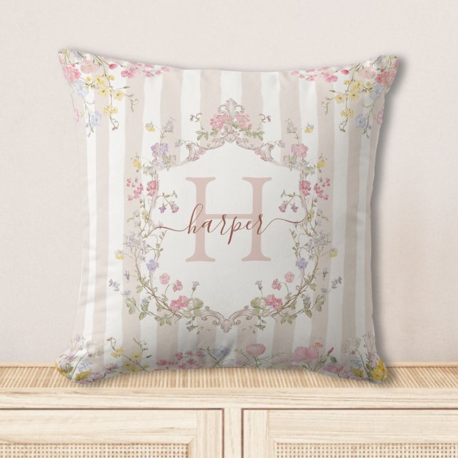 Monogram Colourful Floral Rococo Stripes Customize Throw Pillow (Creator Uploaded)