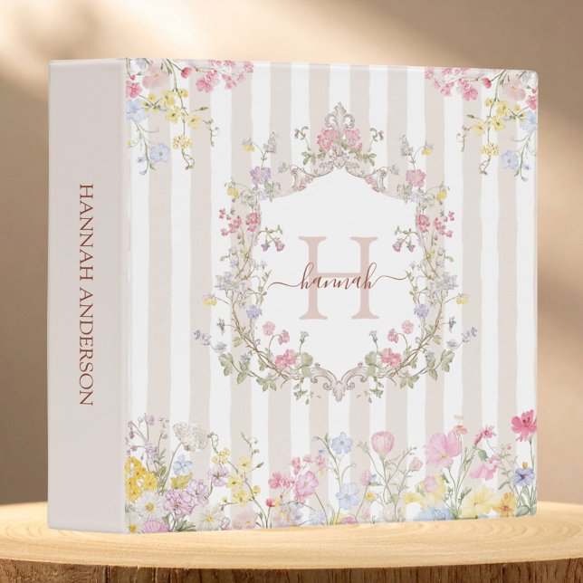 Monogram Colourful Floral Rococo Style Stripes Binder (Front and side)