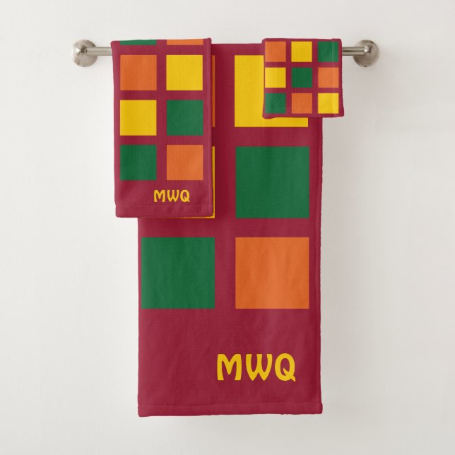 Monogram Colourful Geometric Squares Bath Towel Set (Insitu)