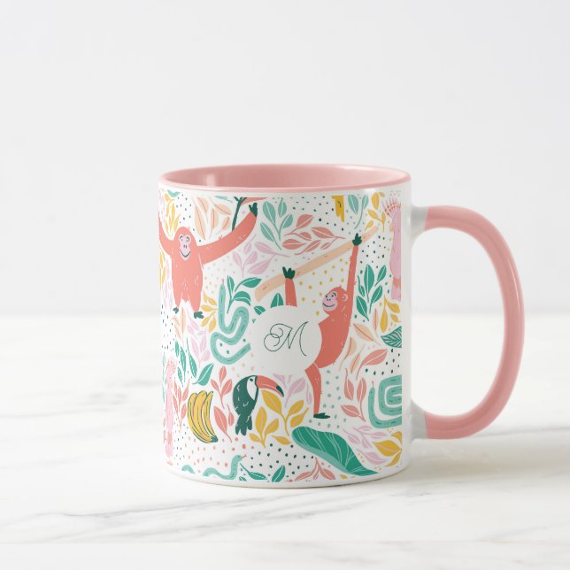 Monogram Colourful Happy Jungle Animals Pink Mug (Right)