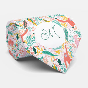 Monogram Colourful Happy Jungle Animals Pink Tie