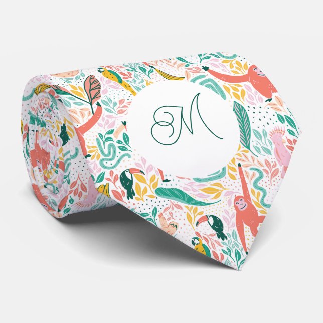 Monogram Colourful Happy Jungle Animals Pink Tie (Rolled)