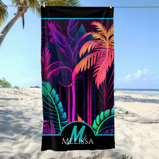 Monogram Colourful Neon Black Tropical Palm Beach Towel