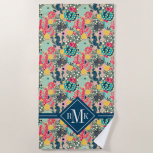 Monogram   Colourful Polka Dot Cactus Pattern Beach Towel