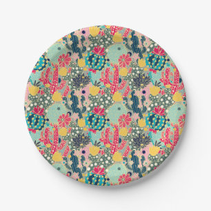 Monogram   Colourful Polka Dot Cactus Pattern Paper Plate