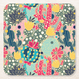 Monogram Colourful Polka Dot Cactus Pattern Square Paper Coaster