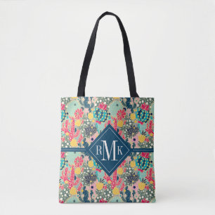 Monogram   Colourful Polka Dot Cactus Pattern Tote Bag