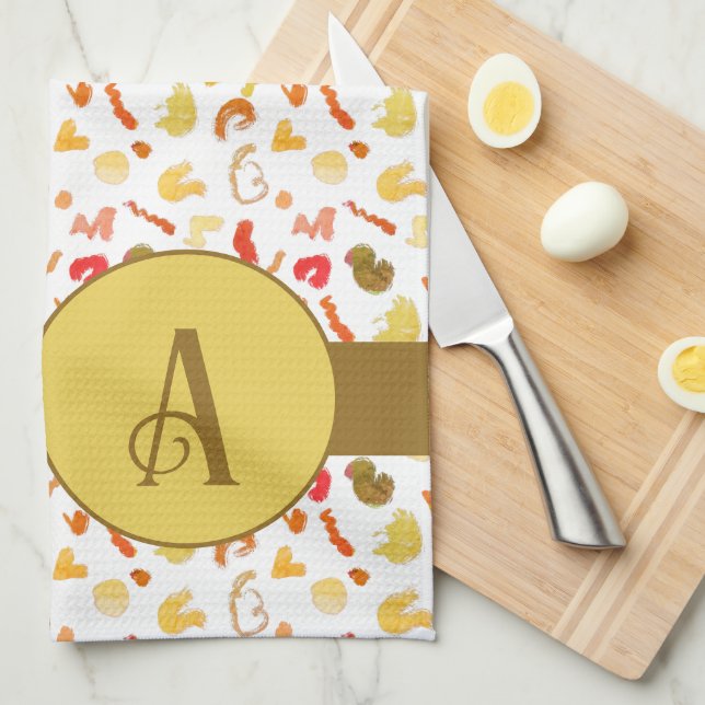Monogram Colourful Shapes Brown Single Stripe Kitchen Towel (Quarter Fold)