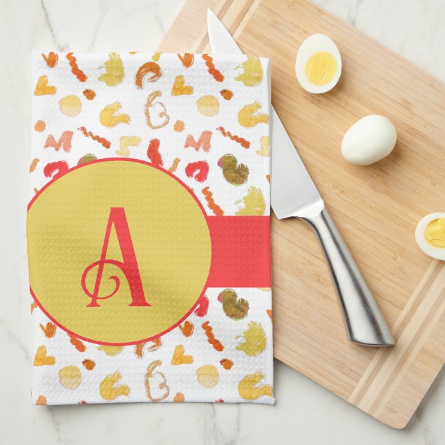 Monogram Colourful Shapes Red Stripe Kitchen Towel (Quarter Fold)