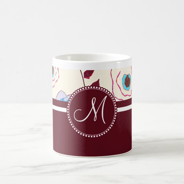 Monogram Colourful Spring Flowers Birds Mulberry Coffee Mug (Center)