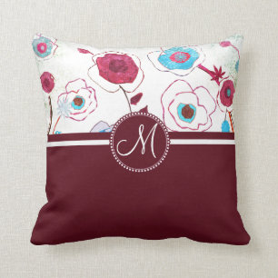 Monogram Colourful Spring Flowers Birds Mulberry Throw Pillow
