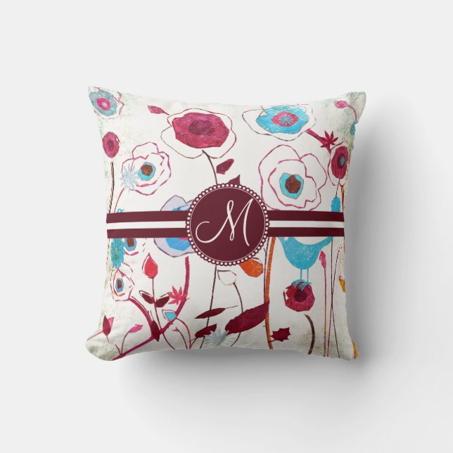 Monogram Colourful Spring Flowers Birds Mulberry Throw Pillow (Front)
