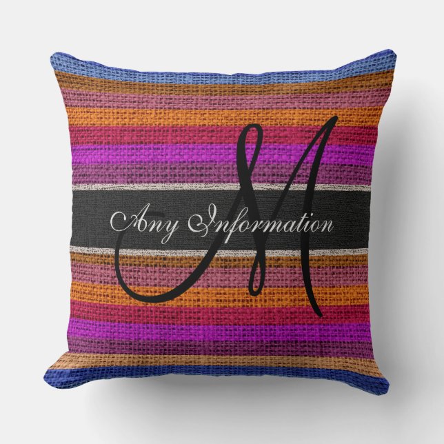 Monogram Colourful Stripes Burlap Rustic Jute #11 Throw Pillow (Front)