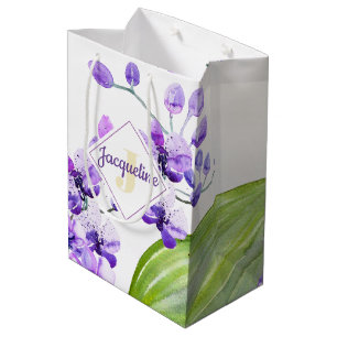 Monogram Colourful Watercolor Orchid design Medium Gift Bag