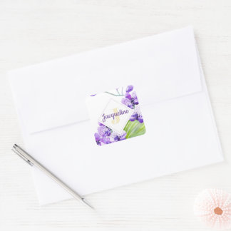 Monogram Colourful Watercolor Orchid design Square Sticker