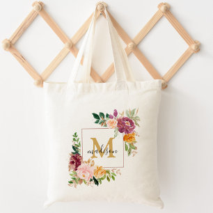 Monogram Colourful Watercolor Rose Floral Botanica Tote Bag