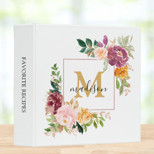 Monogram Colourful Watercolor Roses Floral Recipe Binder