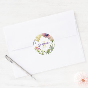 Monogram Colourful Wild Flower Illustrated Classic Round Sticker