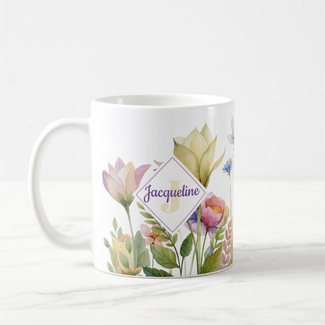 Monogram Colourful Wild Flower Illustrated Coffee Mug (Left)