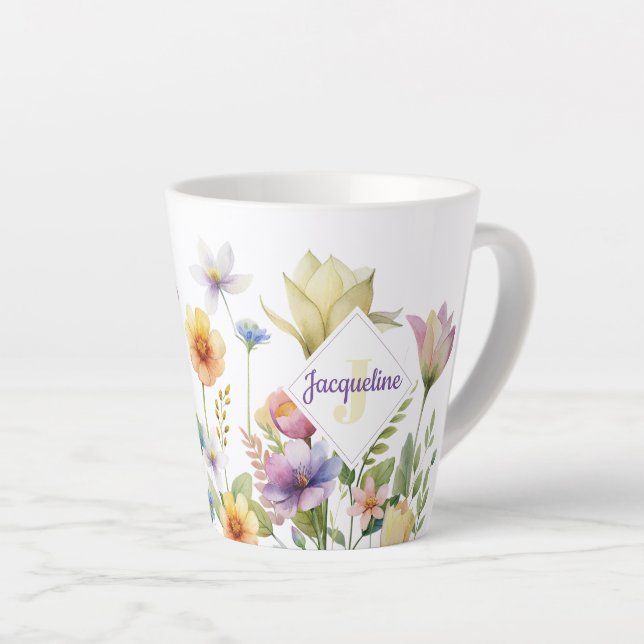 Monogram Colourful Wild Flower Illustrated Latte Mug (Right Angle)