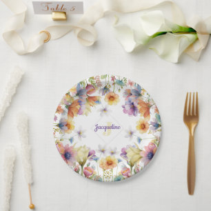 Monogram Colourful Wild Flower Illustrated Paper Plate