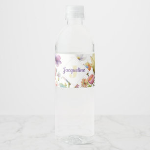 Monogram Colourful Wild Flower Illustrated Water Bottle Label