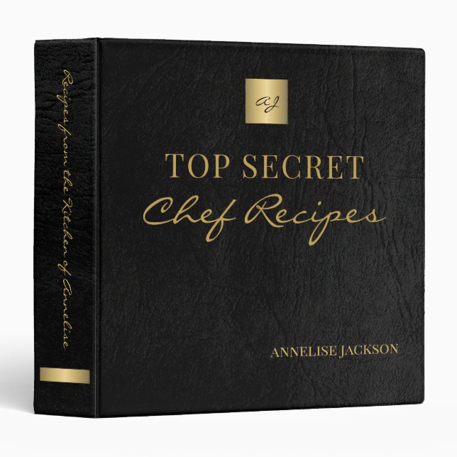 Monogram cookbook elegant gold black chef recipe binder (Front/Spine)