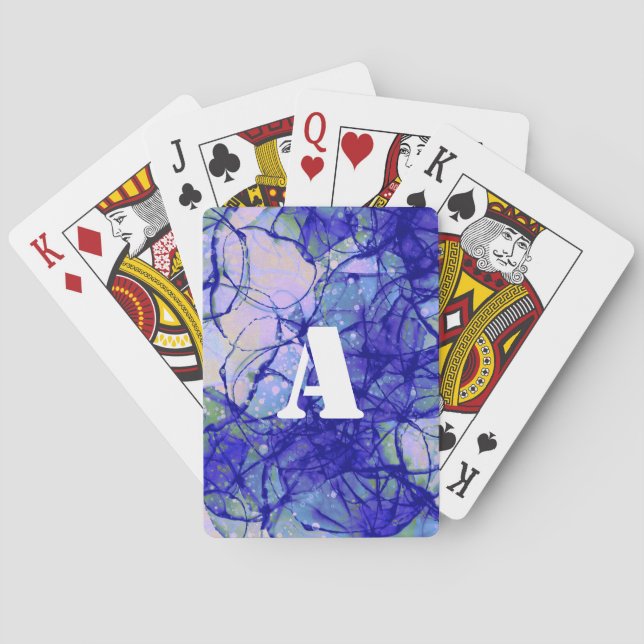 Monogram Cool Blue Abstract Art Playing Cards (Back)