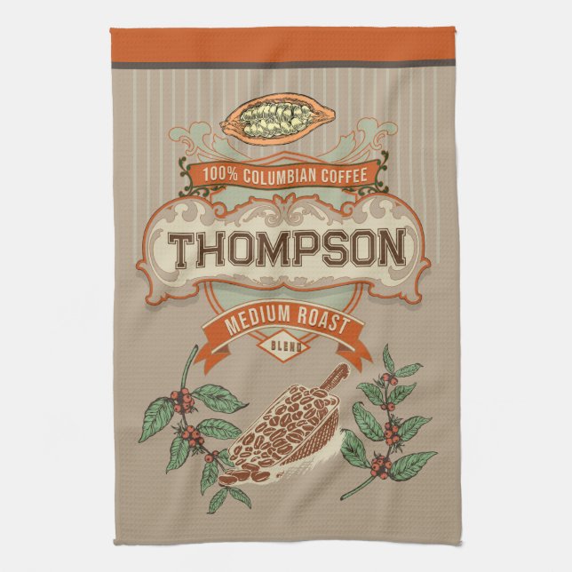 Monogram Cool rustic Columbian Coffee Vintage Kitchen Towel (Vertical)