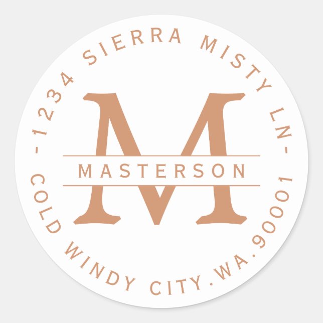 Monogram Copper Text Circular Return Address Label (Front)