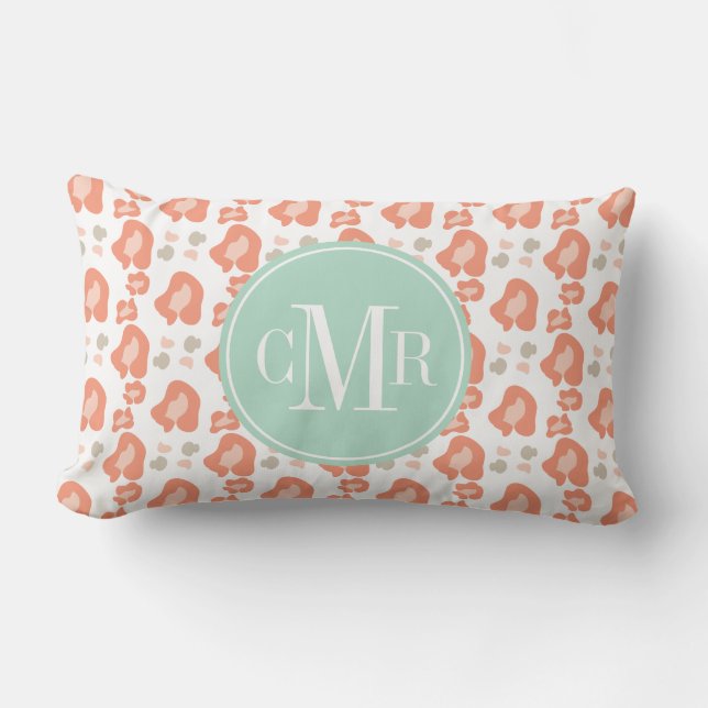 Monogram Coral and Aqua Leopard Print Lumbar Pillow (Front)