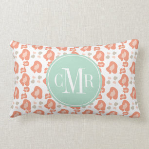 Monogram Coral and Aqua Leopard Print Lumbar Pillow