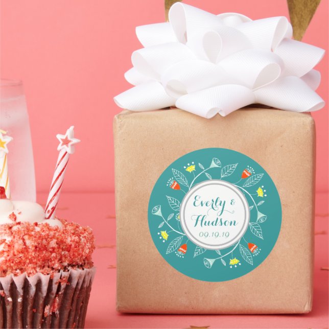 Monogram Coral and Mint Modern Garland Classic Round Sticker (Party)