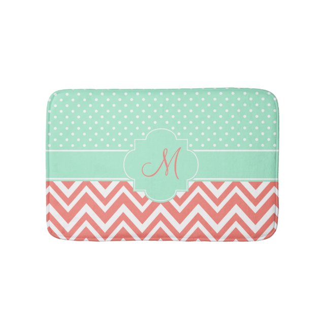 Monogram Coral Chevron with Mint Polka Dot Pattern Bath Mat (Front)