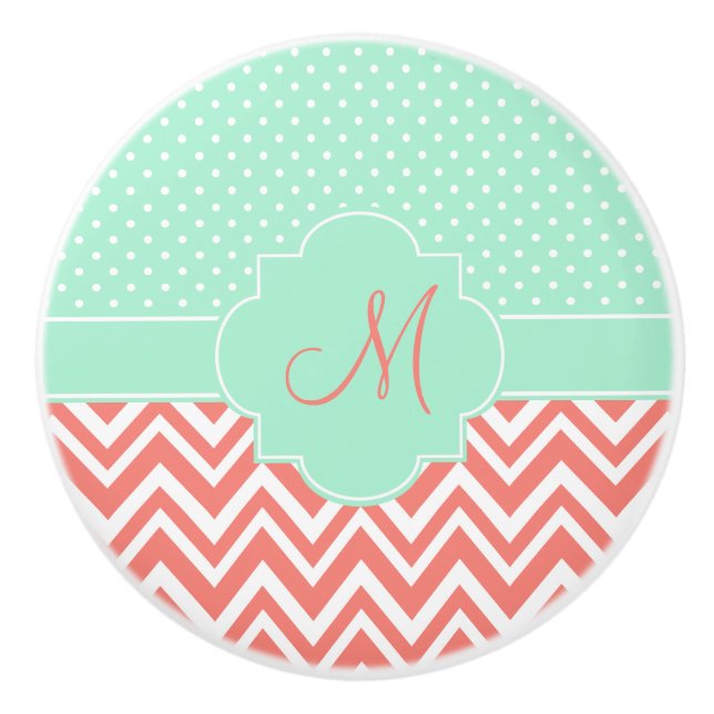 Monogram Coral Chevron with Mint Polka Dot Pattern Ceramic Knob (Front)