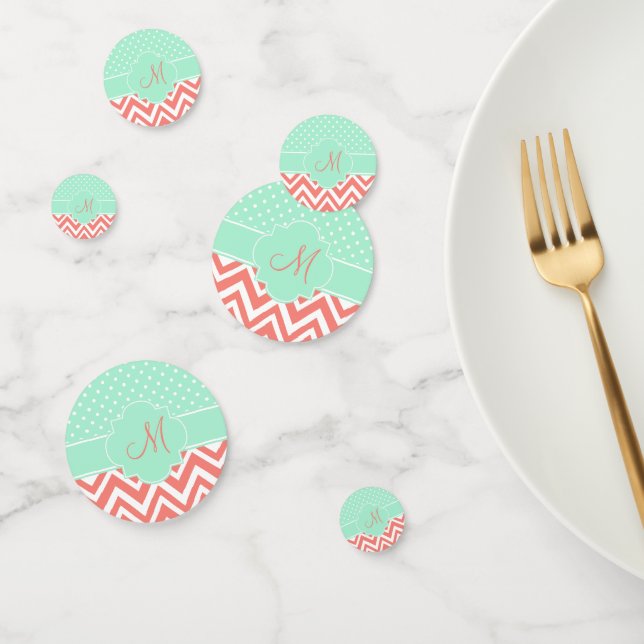 Monogram Coral Chevron with Mint Polka Dot Pattern Confetti (Group)