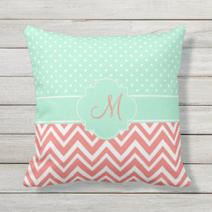Monogram Coral Chevron with Mint Polka Dot Pattern Outdoor Pillow