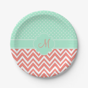 Monogram Coral Chevron with Mint Polka Dot Pattern Paper Plate