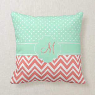 Monogram Coral Chevron with Mint Polka Dot Pattern Throw Pillow